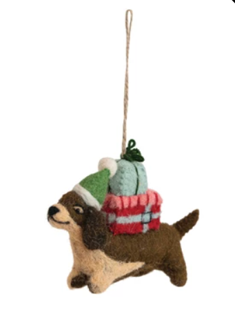 Felt Dog in Hat Ornament - Brown/ Tan