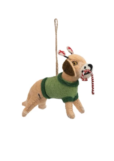 Felt Dog in Hat Ornament - Tan/ Brown
