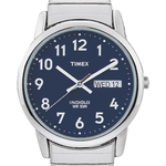 Timex watch with blue dial and silver band on a white background