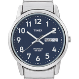 Timex watch with blue dial and silver band on a white background