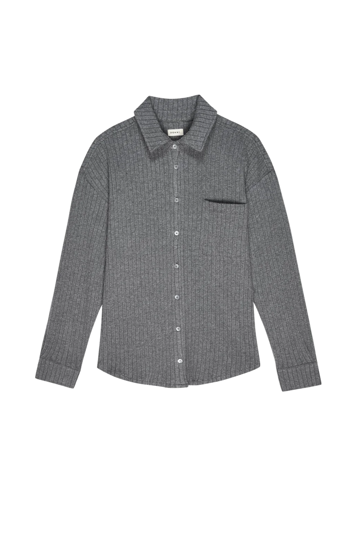 A flat lay image of the front of the Sweater Rib Button Down in Charcoal Grey