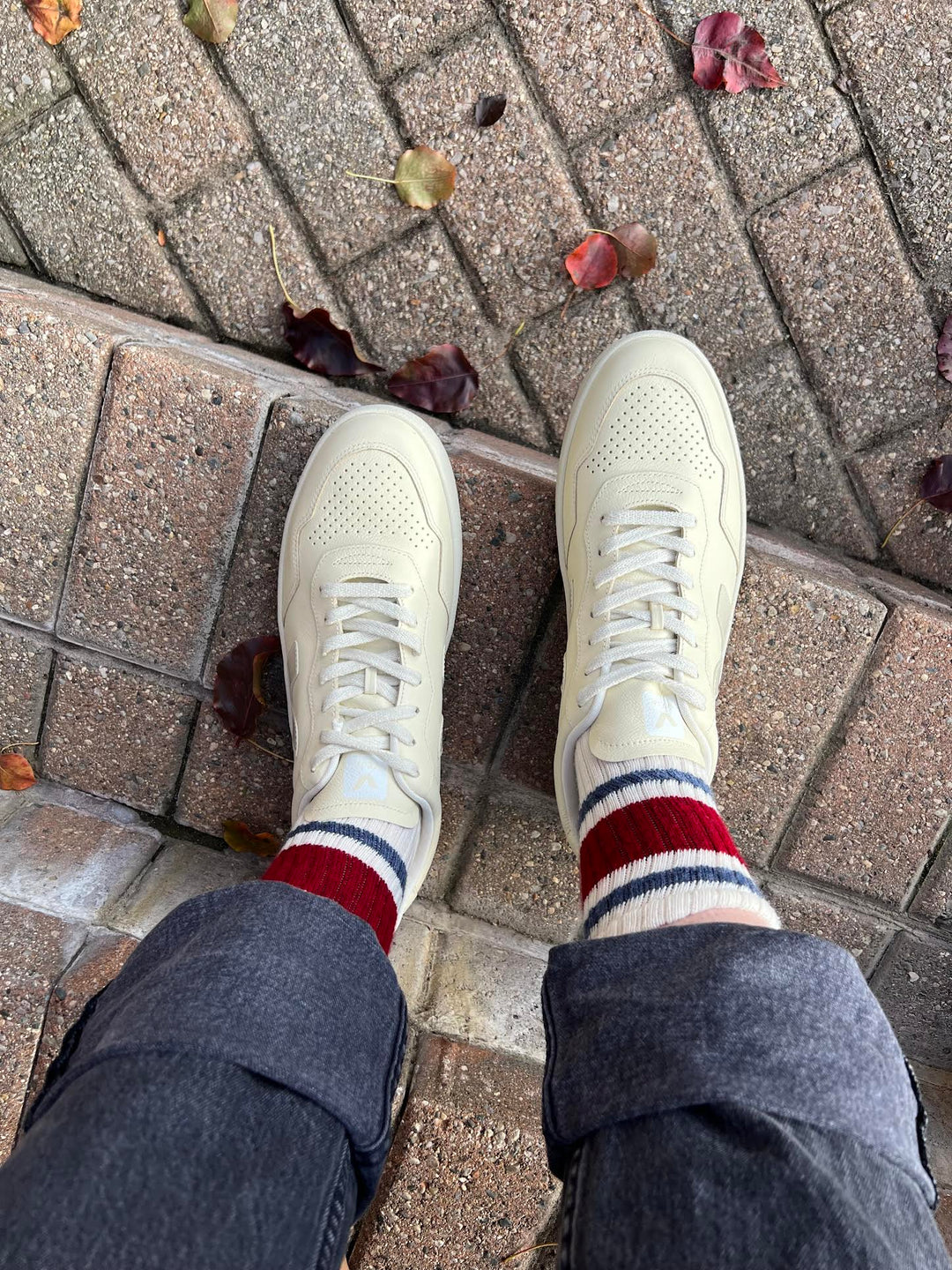 Retro Stripe Crew Socks - Red Heather / Denim