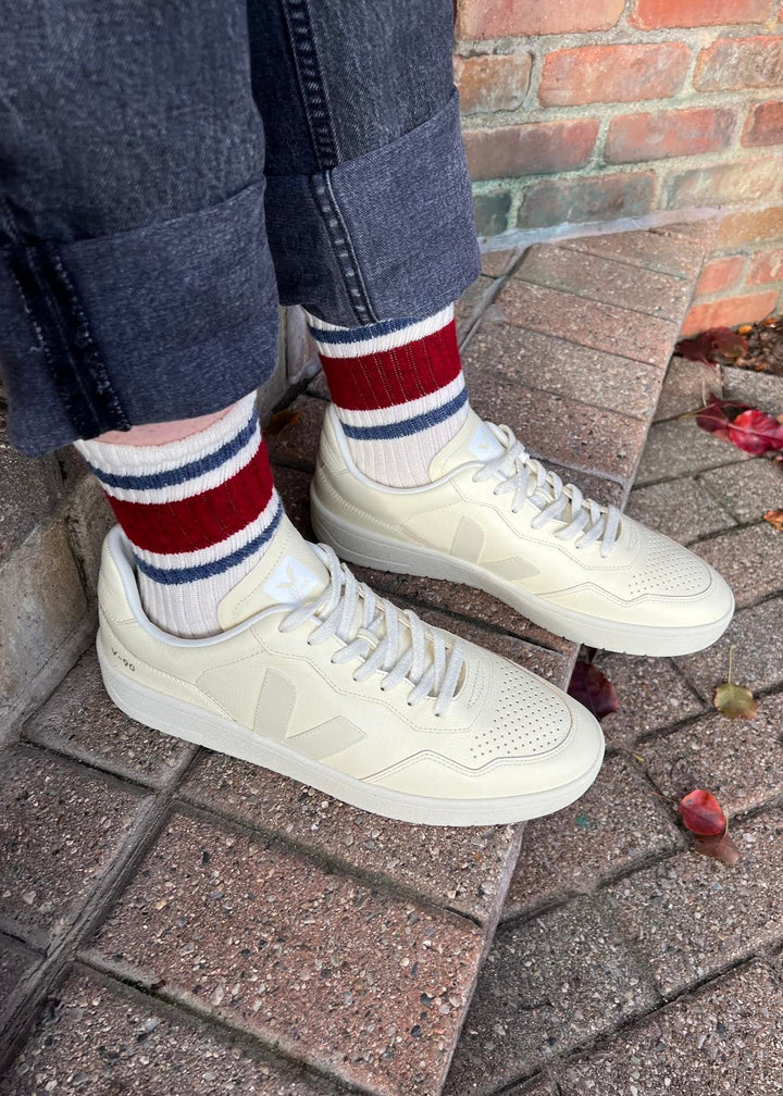 Retro Stripe Crew Socks - Red Heather / Denim