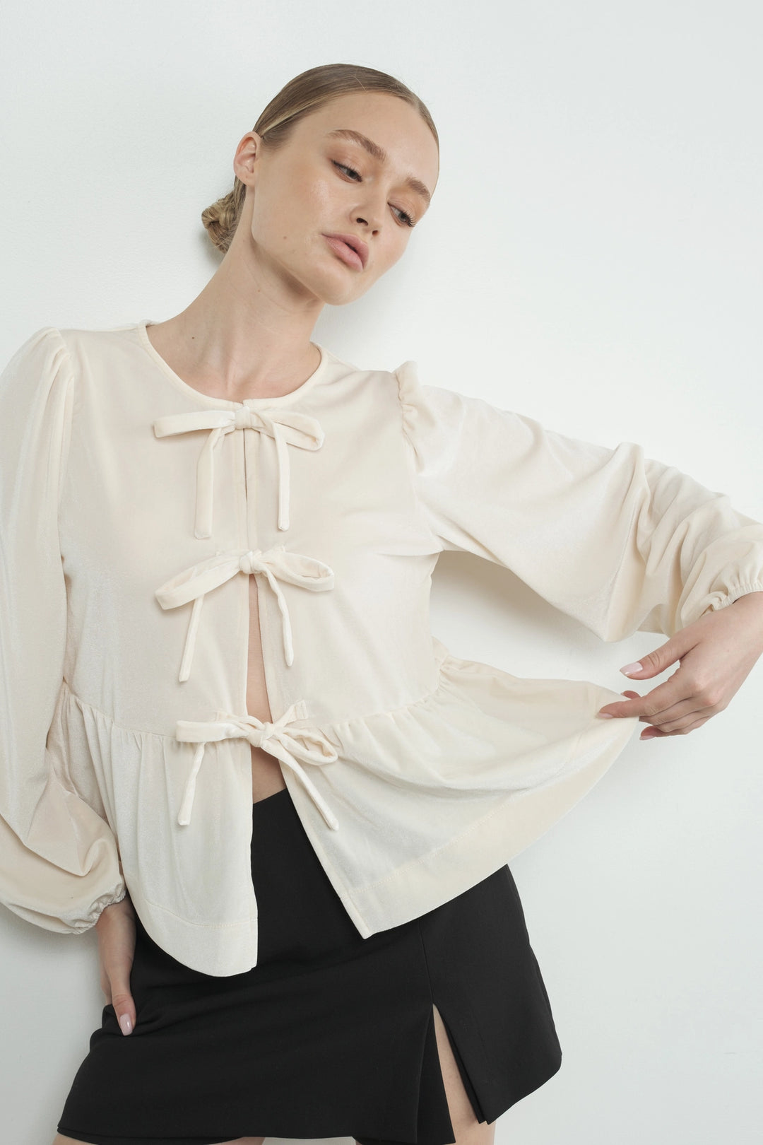 Velvet Bow Tie Peplum Blouse - Cream