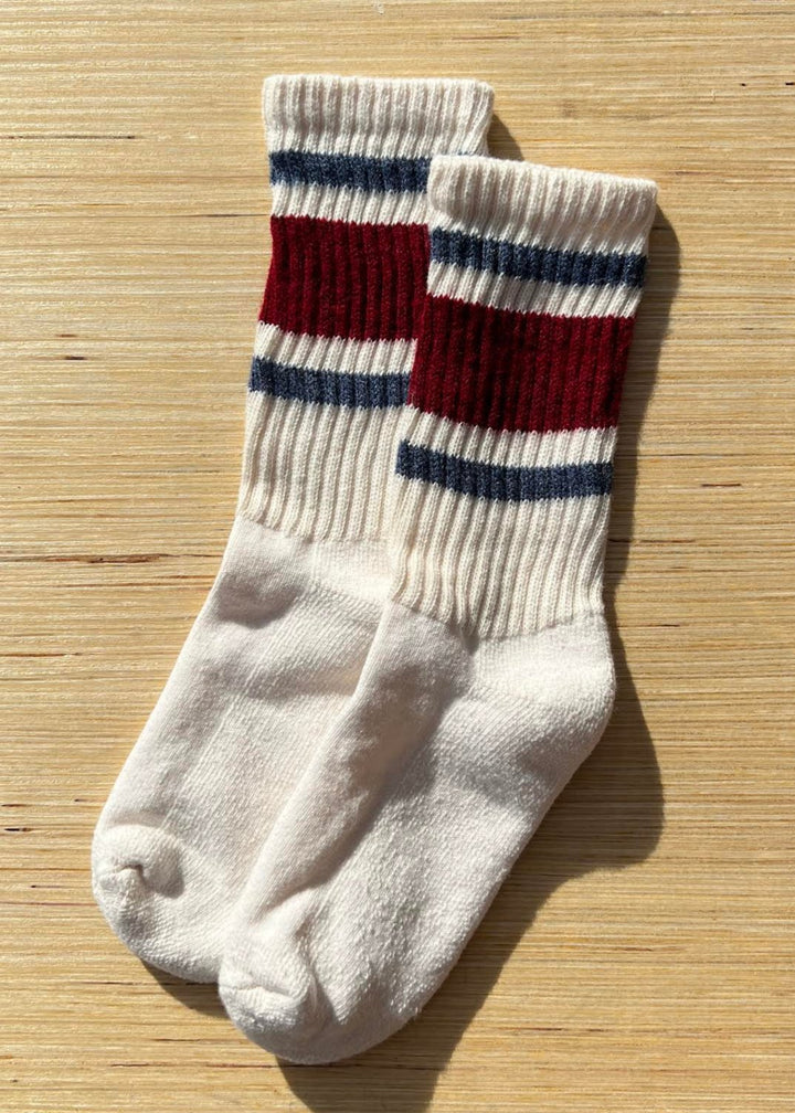 Retro Stripe Crew Socks - Red Heather / Denim