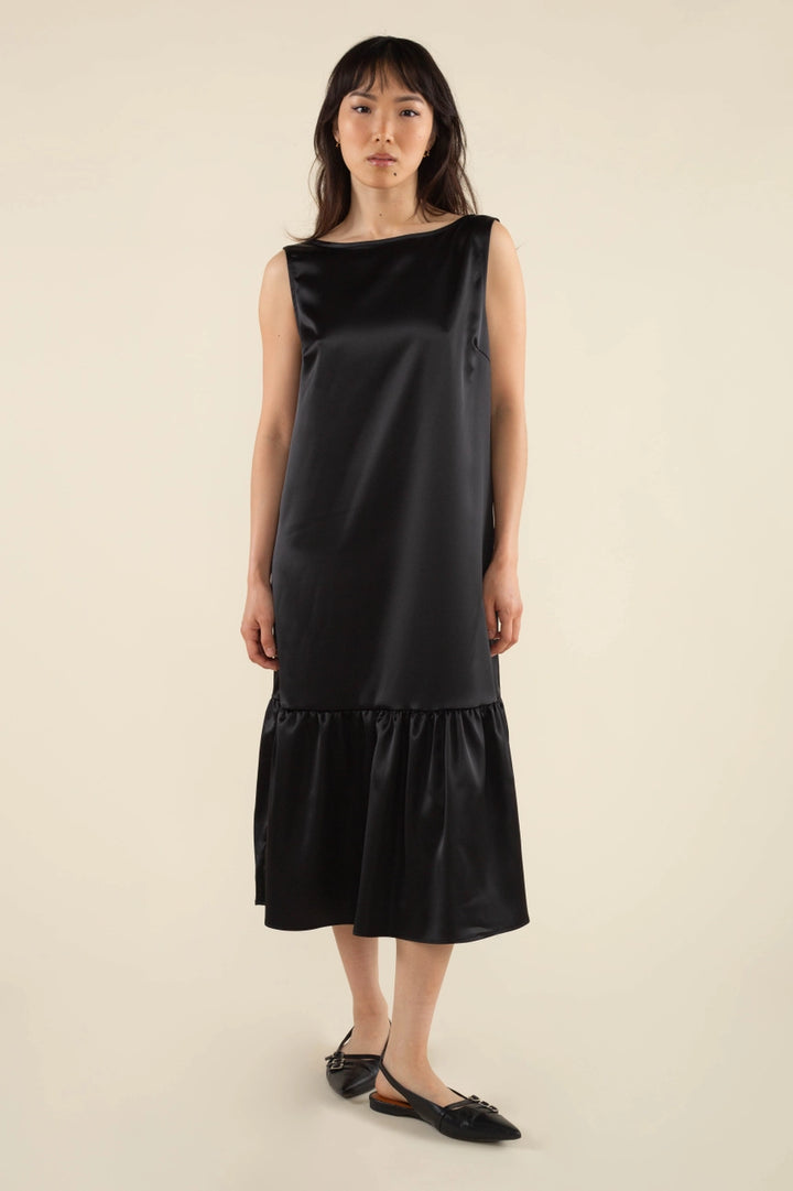 Effie Boatneck Satin Dress - Black