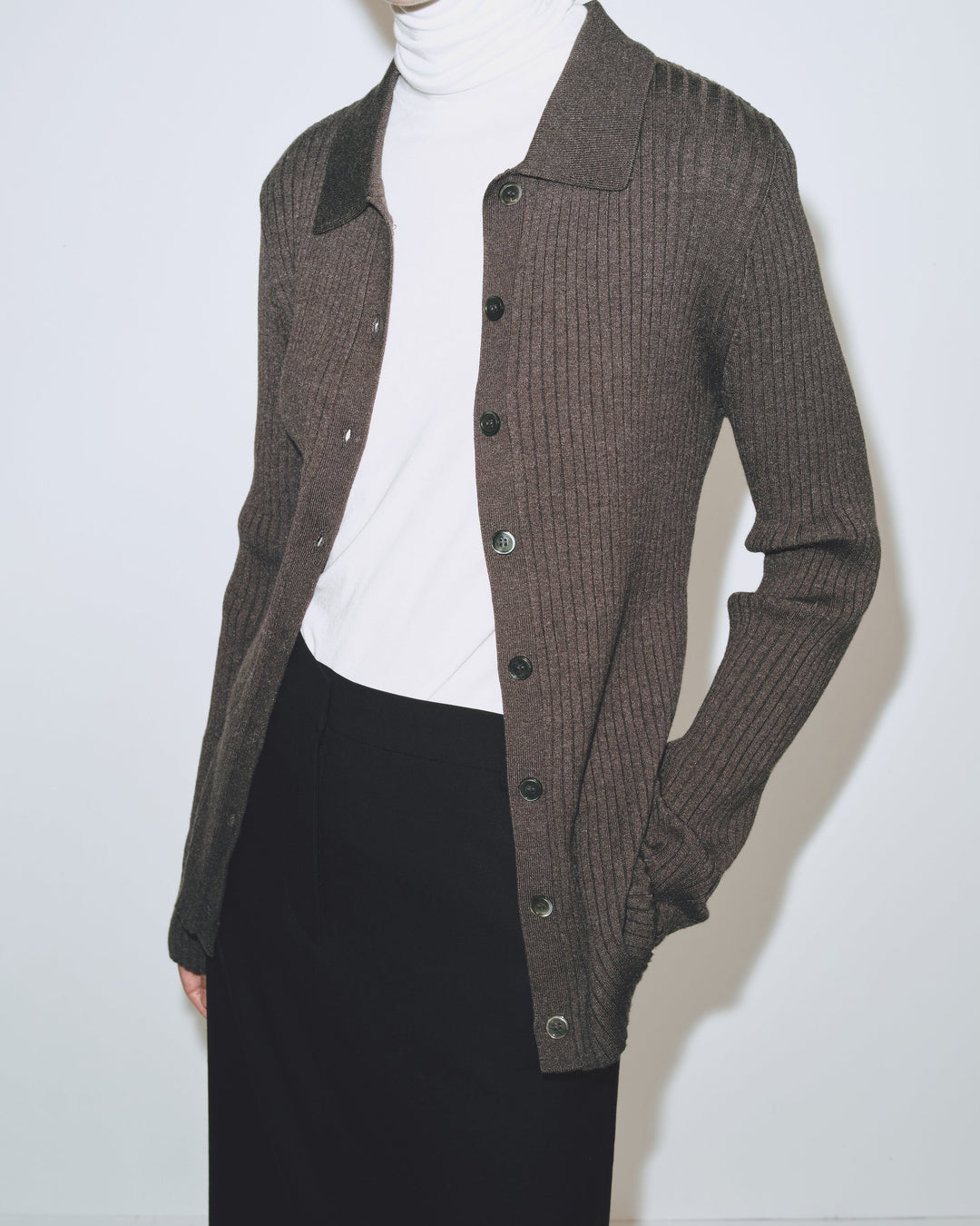 Collared Ribbed Cardigan - Charcoal