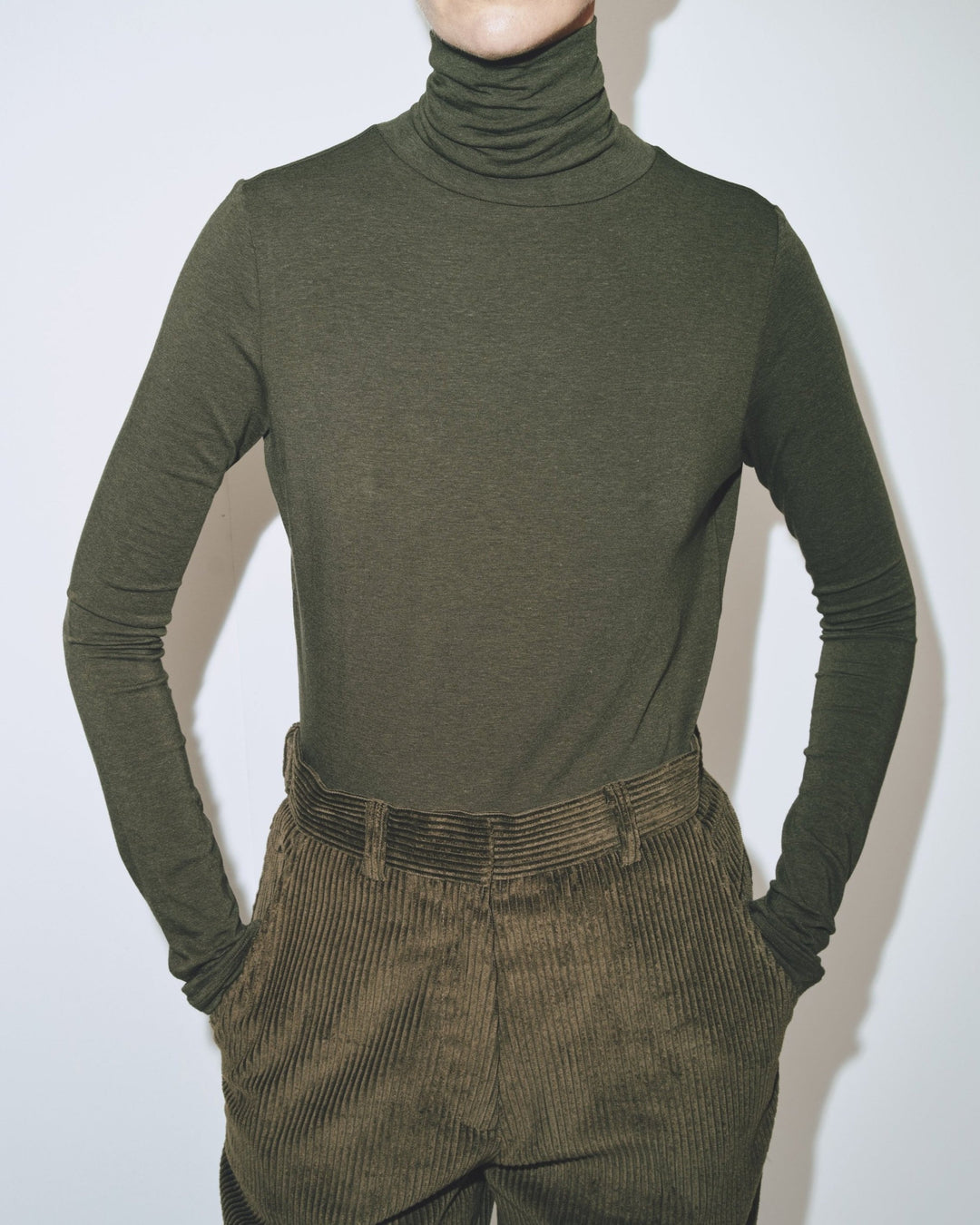 Roll Neck Jersey Top - Olive