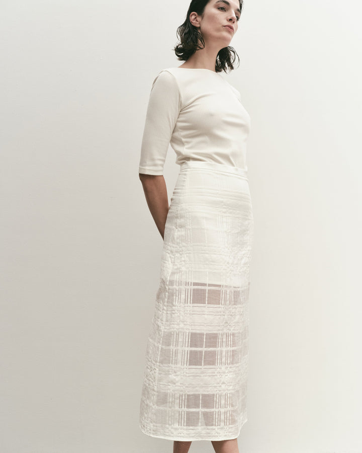 Plaid Lace Midi Skirt - White
