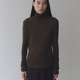 Thin Ribbed Roll Neck Top - Brown