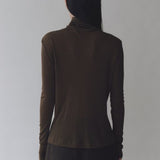 Thin Ribbed Roll Neck Top - Brown