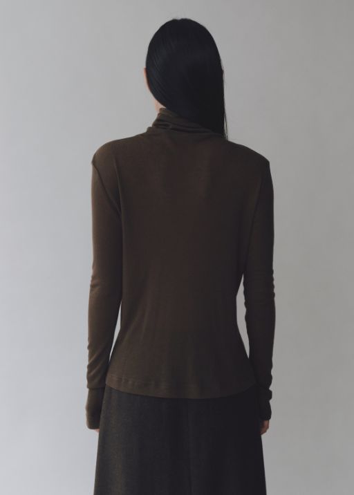 Thin Ribbed Roll Neck Top - Brown