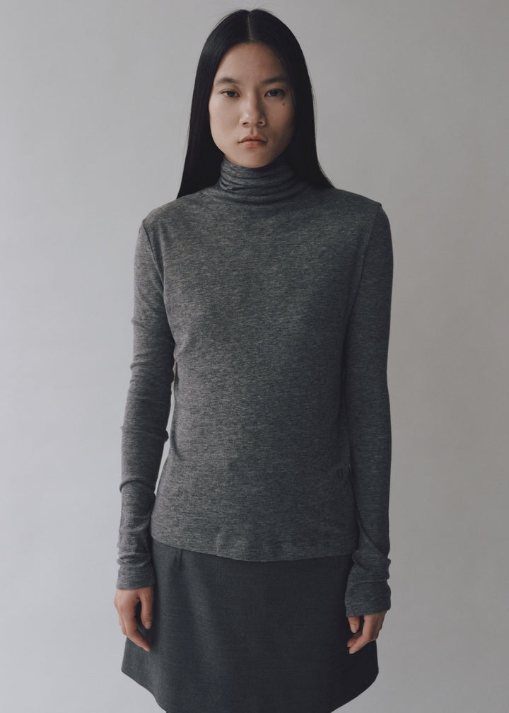 Thin Ribbed Roll Neck Top - Heather Grey