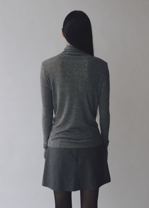 Thin Ribbed Roll Neck Top - Heather Grey