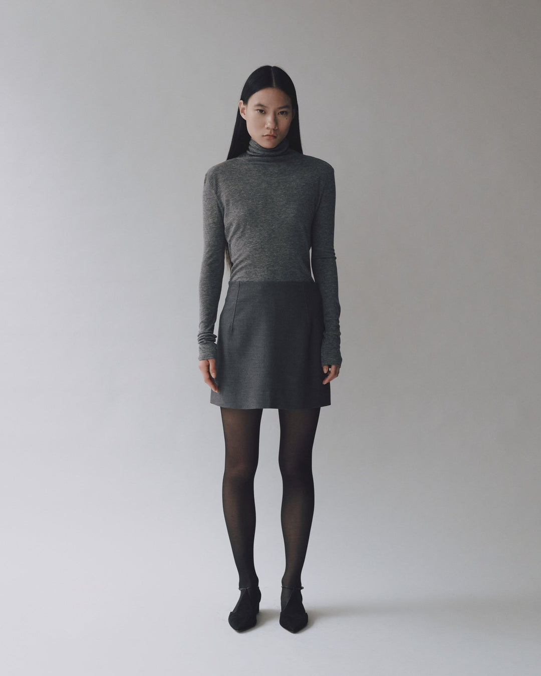 Thin Ribbed Roll Neck Top - Heather Grey