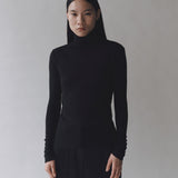 Thin Ribbed Roll Neck Top - Black