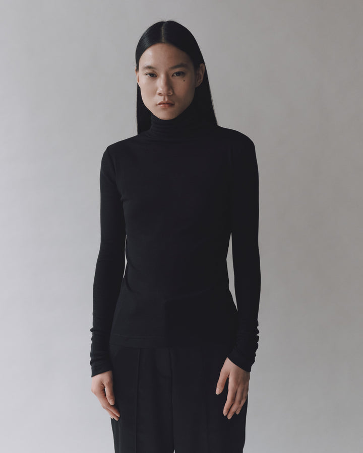 Thin Ribbed Roll Neck Top - Black