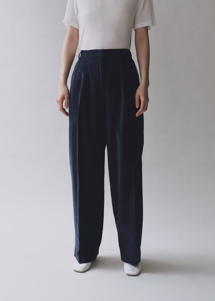 Thin Corduroy Wide Leg Pants - Navy