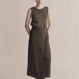 Linen Blend Maxi Wrap Skirt - Olive