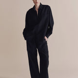 Silk Linen Oversized Shirt - Dark Navy