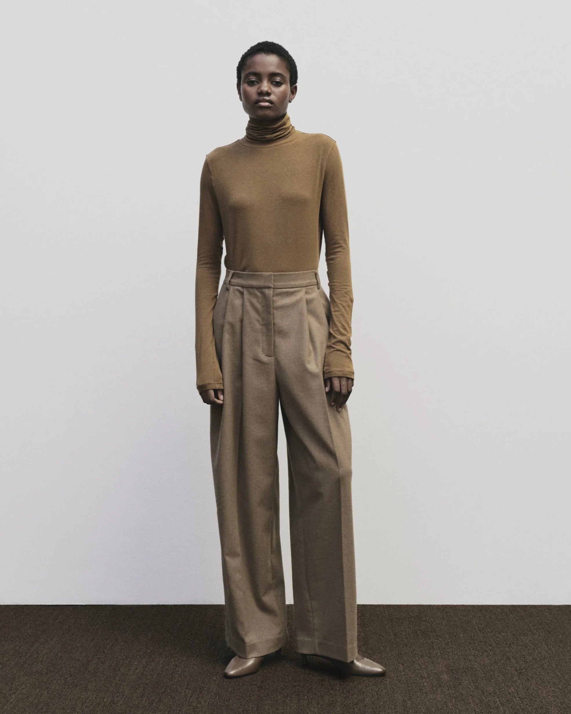 Roll Neck Jersey Top - Light Brown