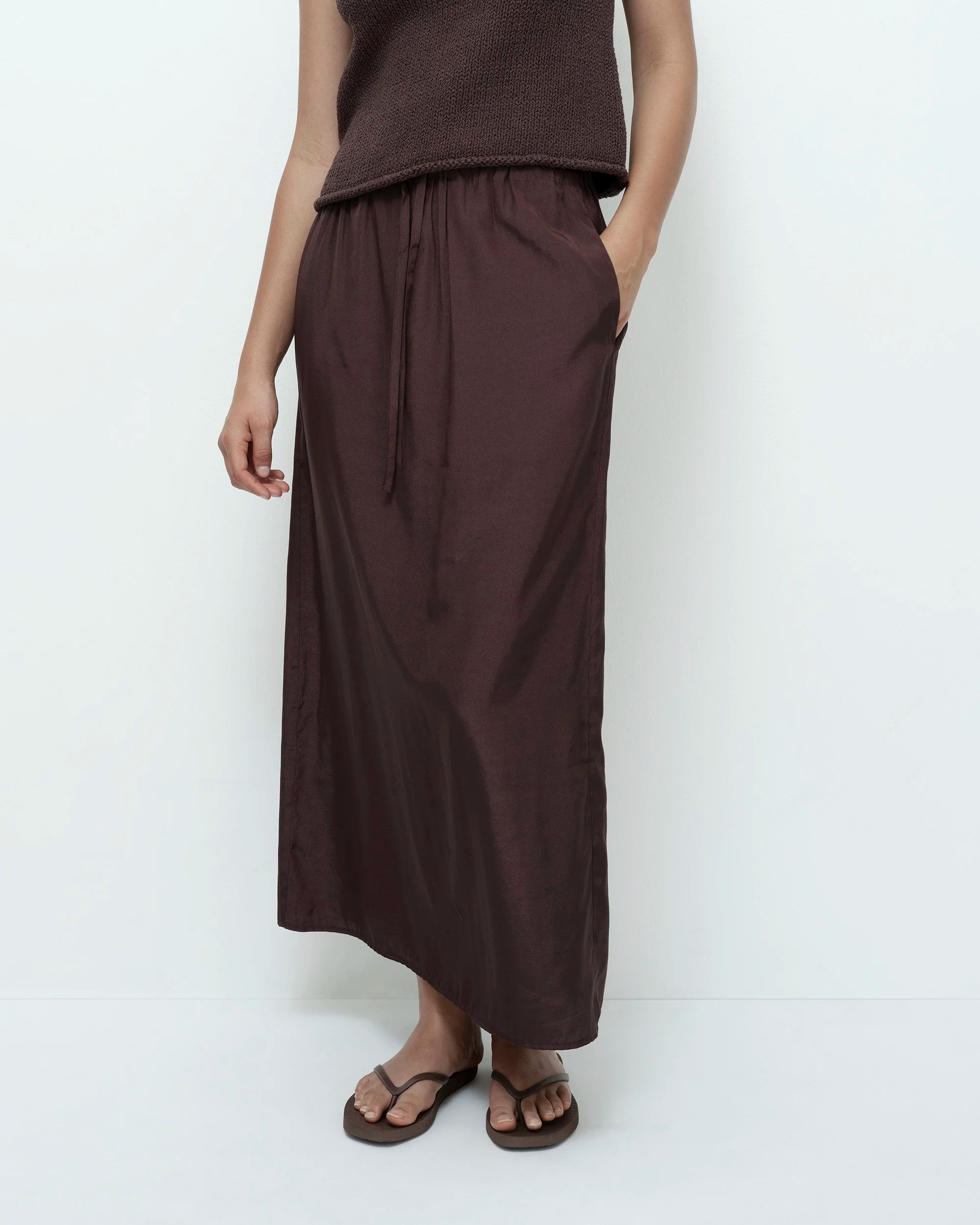 Drawstring Midi Skirt - Dark Brown