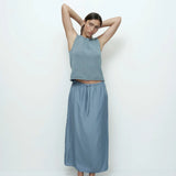 Drawstring Midi Skirt - Blue