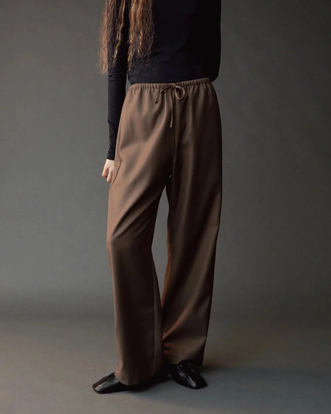 Wool Blend Drawstring Pants - Olive Brown