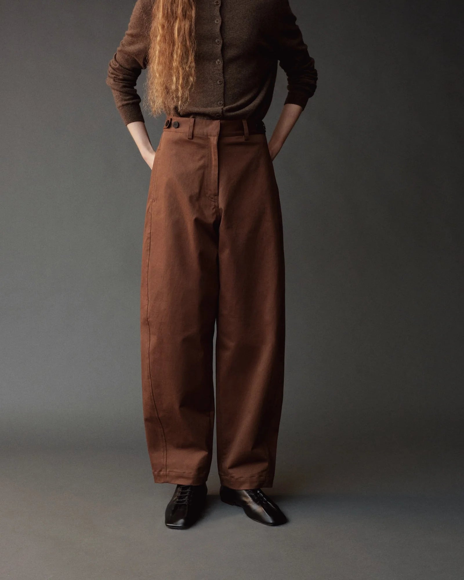 Cotton Barrel Leg Pants - Brown