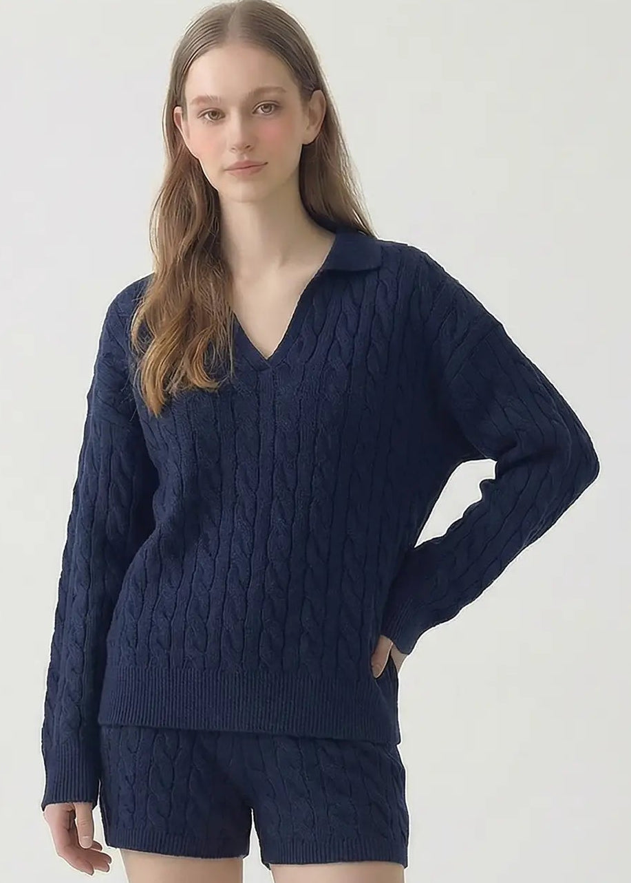 Cable Knit V-Neck Sweater - Navy
