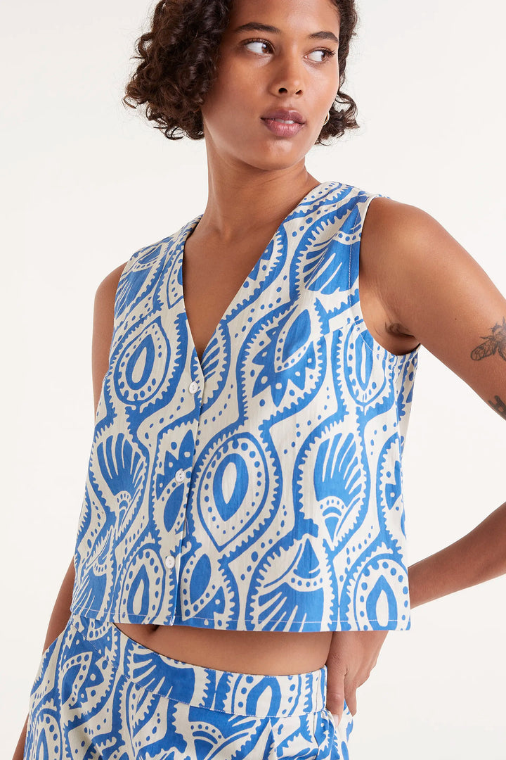 Patterned V - Neck Tank - Blue