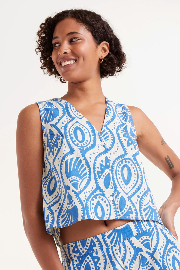 Patterned V - Neck Tank - Blue