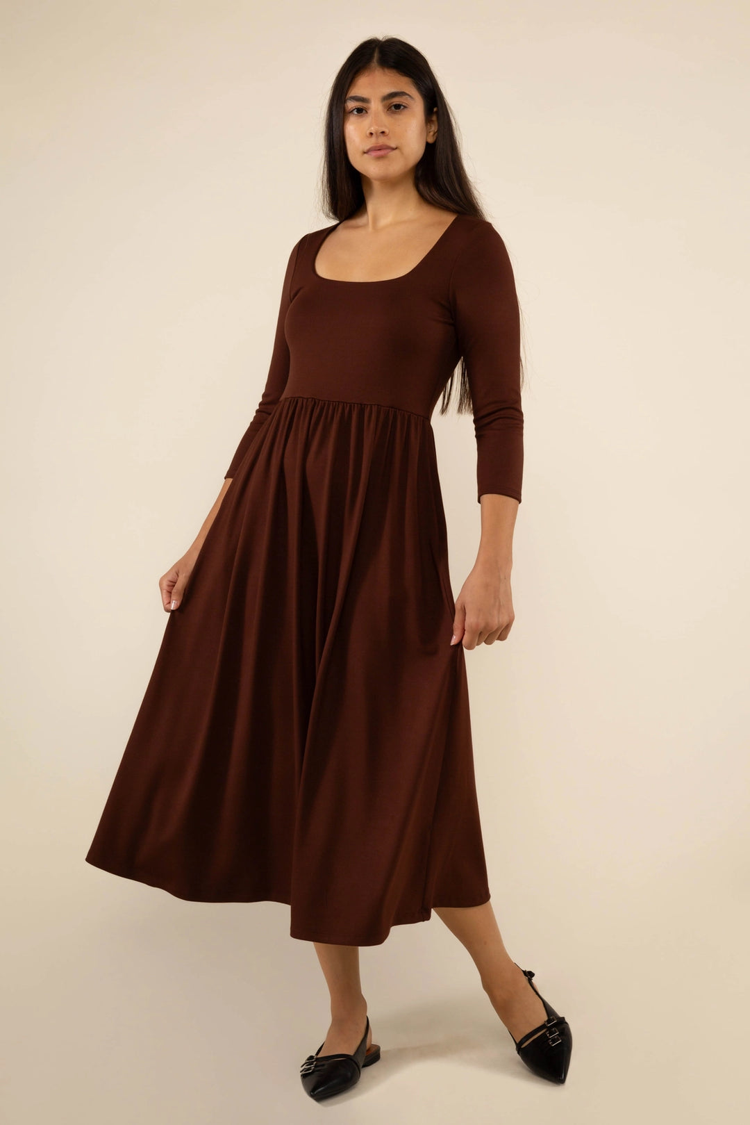 Lake 3/4th Sleeve Swing Dress - Chocolate