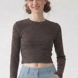 Striped Cotton Crop L/S Tee - Brown / Ivory