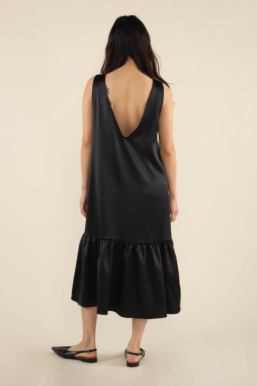 Effie Boatneck Satin Dress - Black