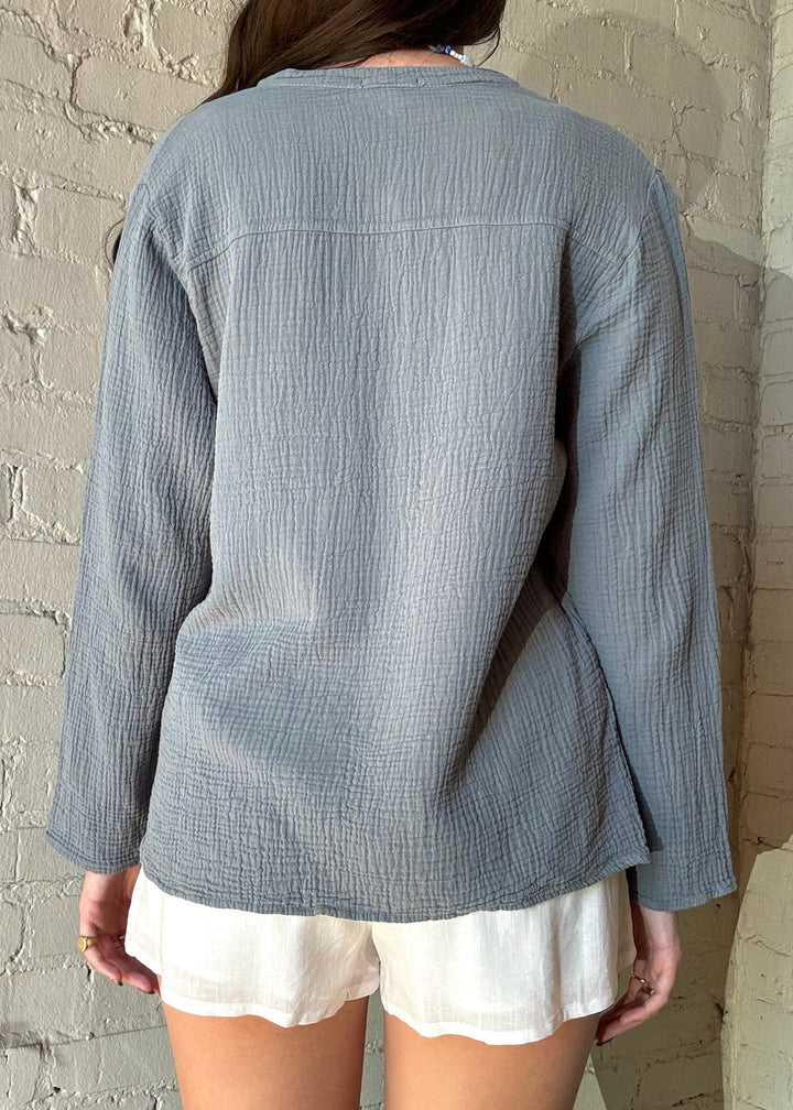 L/s Gauze Mandarin Top - Blue Grey