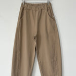 Brown pants hanging on a wooden hanger against a white background