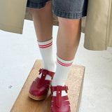 A person wearing clean white socks with a red double stripe and red closed-toe shoes standing on a wooden crate.