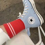 Light blue Converse sneaker with white laces and red sock on a concrete floor.