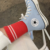 Light blue Converse sneaker with white laces and red sock on a concrete floor.
