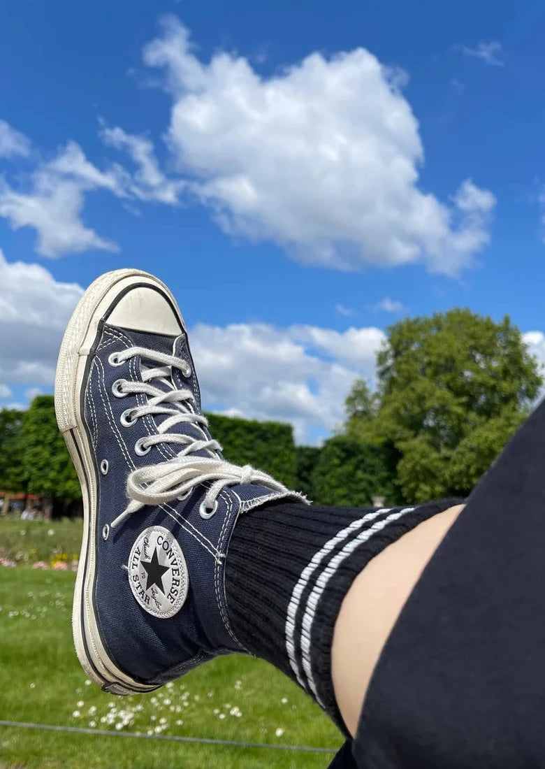 Person wearing black socks and blue hi-top Converse sneakers in front of grass field and blue sky.