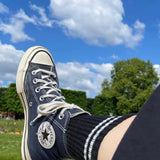Person wearing black socks and blue hi-top Converse sneakers in front of grass field and blue sky.