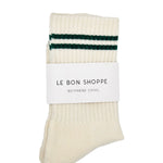 Pair of cream socks with green stripes and a Le Bon Shoppe label on a white background