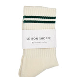 Pair of cream socks with green stripes and a Le Bon Shoppe label on a white background