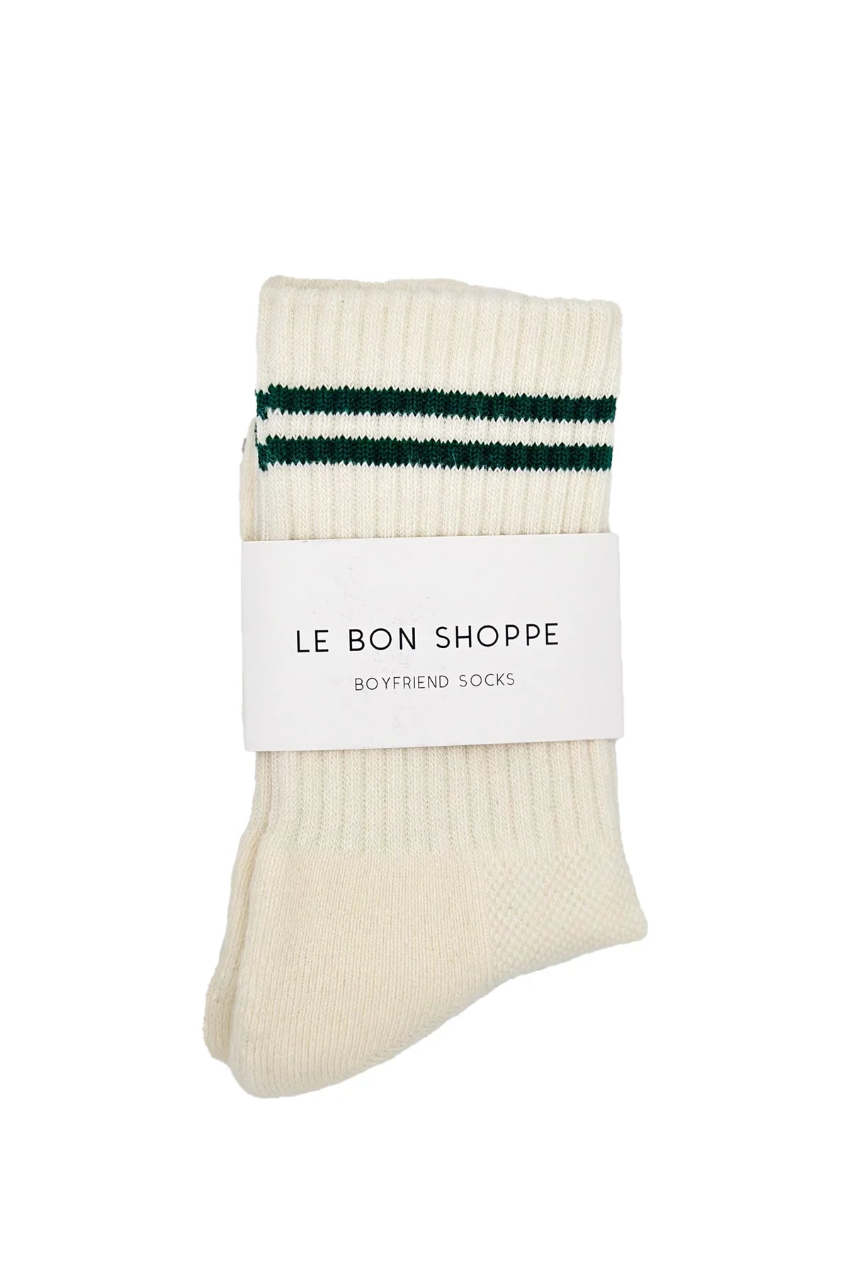 Pair of cream socks with green stripes and a Le Bon Shoppe label on a white background