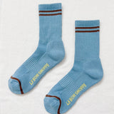 Powder blue socks with brown stripes on a white background.