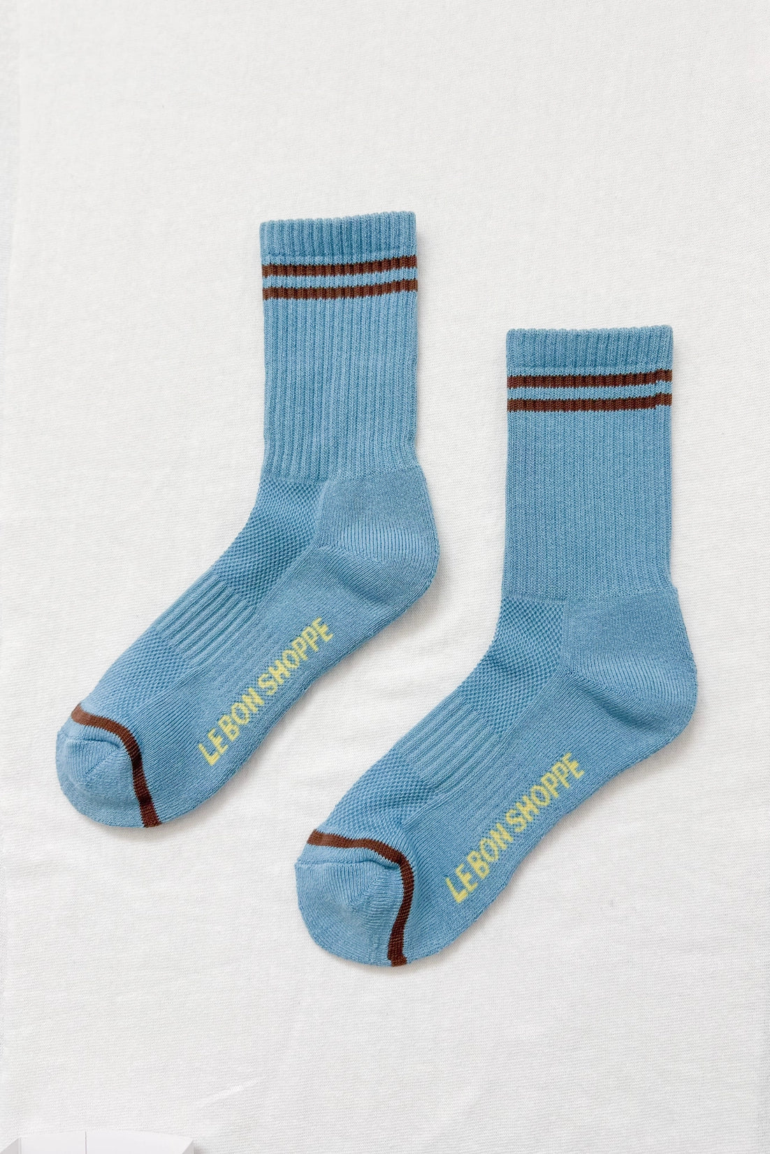 Powder blue socks with brown stripes on a white background.