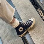 Person wearing a black high-top sneaker with a white sole on a textured floor.
