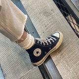 Person wearing a black high-top sneaker with a white sole on a textured floor.