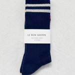 Navy socks with white stripes in white Le Bon Shoppe packaging on white background